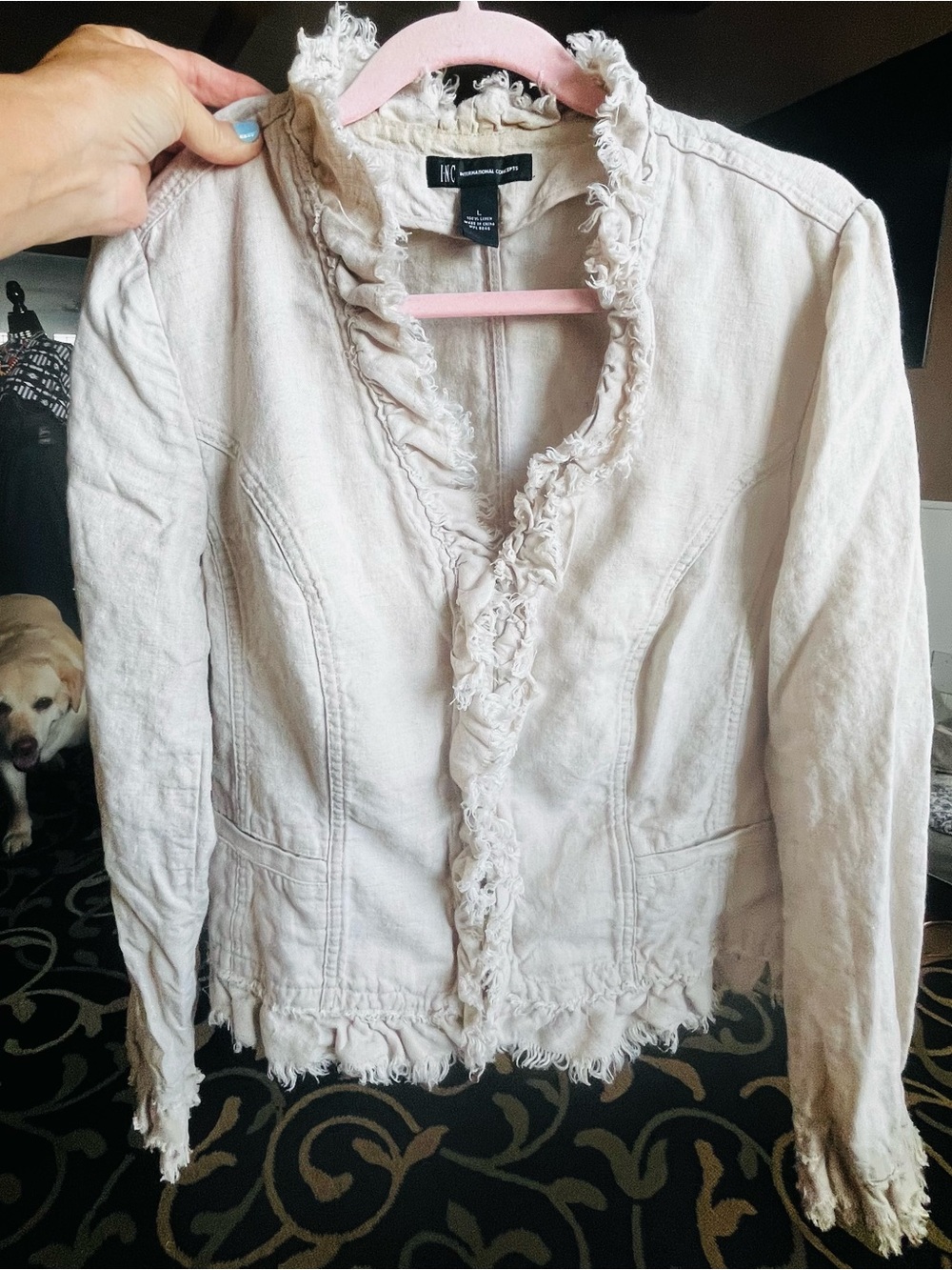 INC International Concepts Cream Frayed-Trim Women's Linen Jacket Large